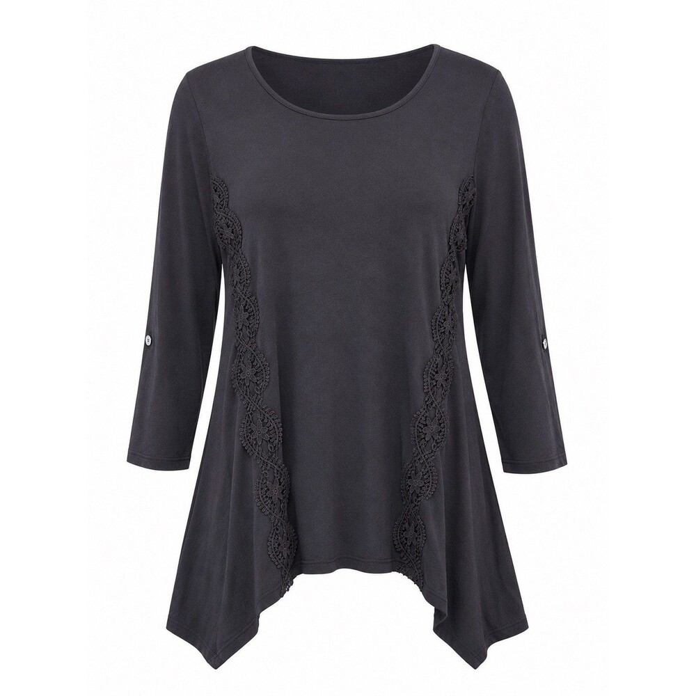 Cable & Gauge Women’s Medium Lace, Gray Tunic Top asymmetrical Hem 3/4 Sleeve